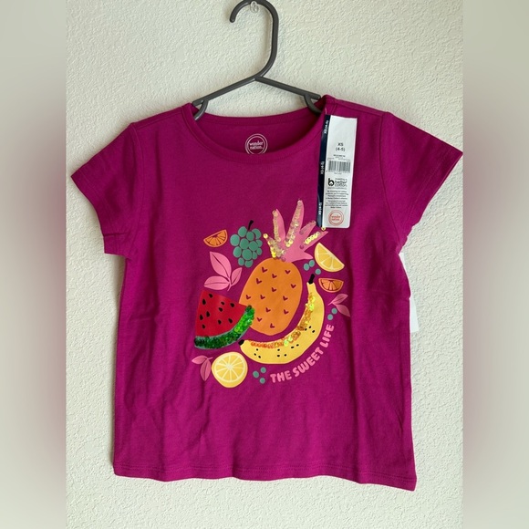 Wonder Nation Kids T-Shirt - Magenta with Fruit Design with sequins size XS 4/5 - Picture 1 of 4